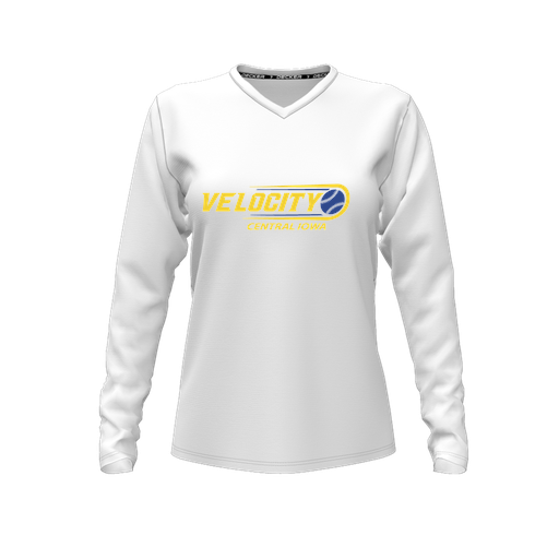 [CUS-DFW-TEES-PER-VNK-LSL-WHT-FYXS-LOGO2] Decker Performance T-Shirt (Female Youth XS, White, V Neck, Logo 2, Long Sleeve)