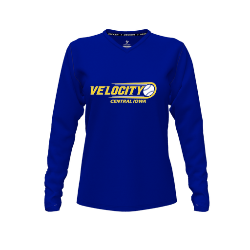 [CUS-DFW-TEES-CMF-VNK-LSL-RYL-FYXS-LOGO1] Decker Comfort T-Shirt (Female Youth XS, Royal, V Neck, Logo 1, Long Sleeve)