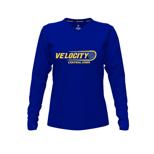 [CUS-DFW-TEES-CMF-VNK-LSL-RYL-FYXS-LOGO2] Decker Comfort T-Shirt (Female Youth XS, Royal, V Neck, Logo 2, Long Sleeve)