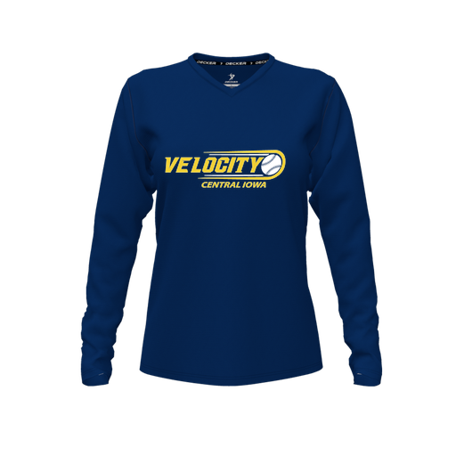 [CUS-DFW-TEES-PER-VNK-LSL-NVY-FYXS-LOGO1] Decker Performance T-Shirt (Female Youth XS, Navy, V Neck, Logo 1, Long Sleeve)