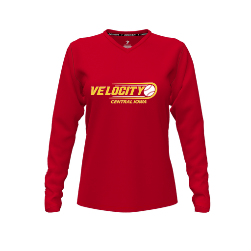 [CUS-DFW-TEES-PER-VNK-LSL-RED-FYXS-LOGO1] Decker Performance T-Shirt (Female Youth XS, Red, V Neck, Logo 1, Long Sleeve)