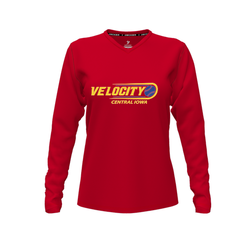 [CUS-DFW-TEES-PER-VNK-LSL-RED-FYXS-LOGO2] Decker Performance T-Shirt (Female Youth XS, Red, V Neck, Logo 2, Long Sleeve)
