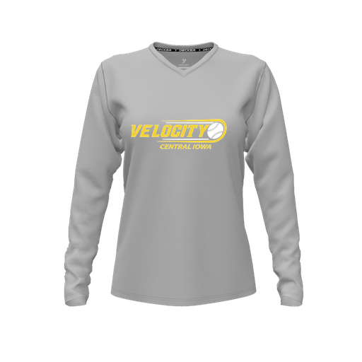 [CUS-DFW-TEES-PER-VNK-LSL-GRY-FYXS-LOGO1] Decker Performance T-Shirt (Female Youth XS, Gray, V Neck, Logo 1, Long Sleeve)
